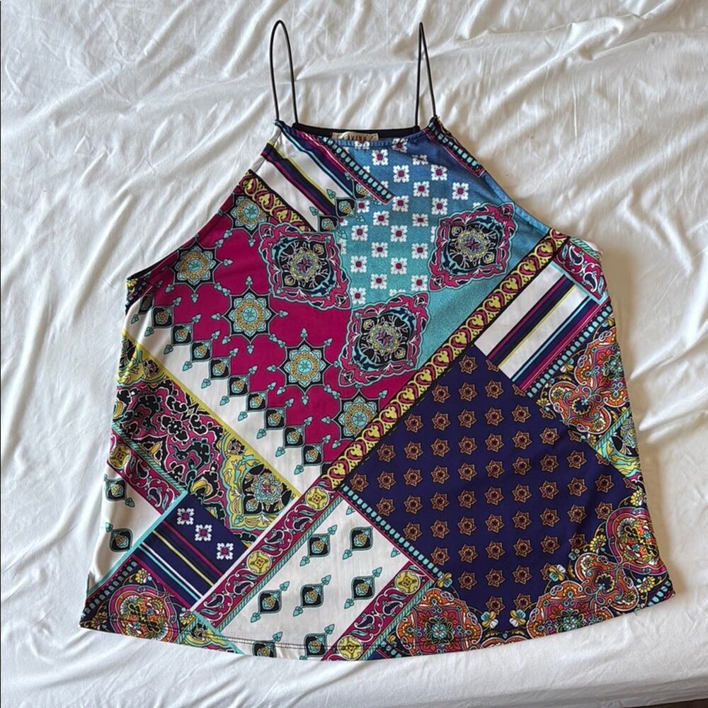 Lavish bohemian patchwork halter tank top paisley floral L